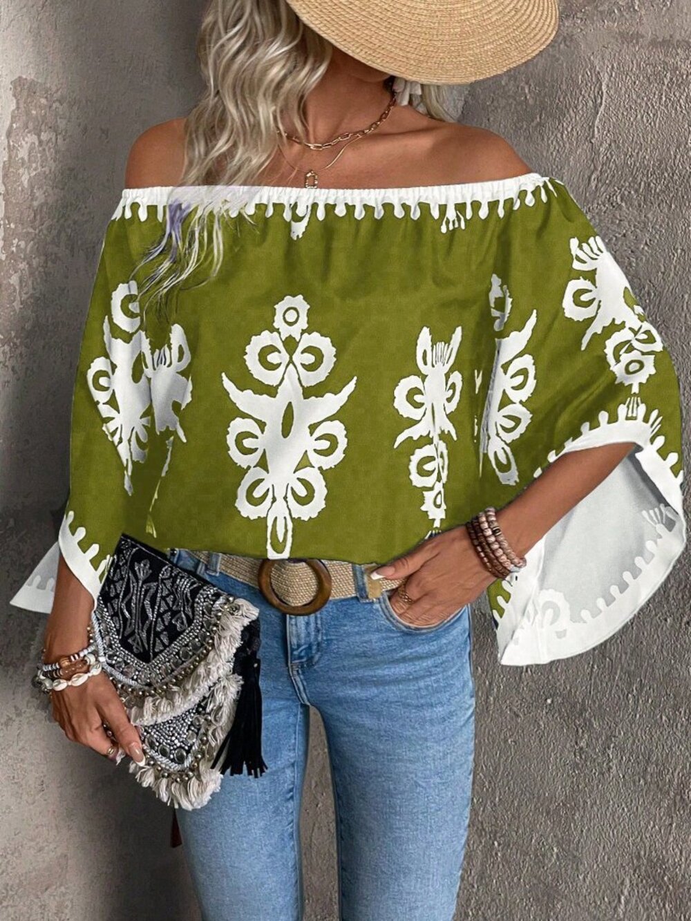 Mustard Yellow Boho Women's Casual Off-Shoulder Loose Beach Blouse - Picture 3 of 4